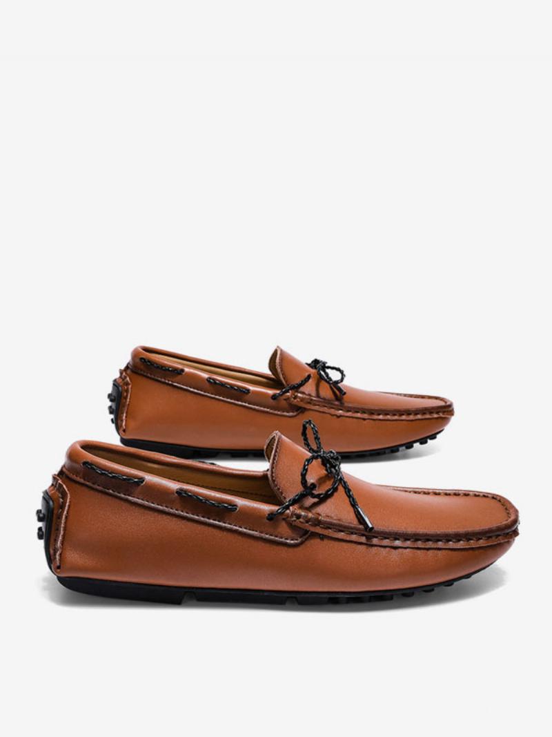 Férfi Loafer Cipők Slip-on Kerek Orrú Pu Bőr - Kávé Barna