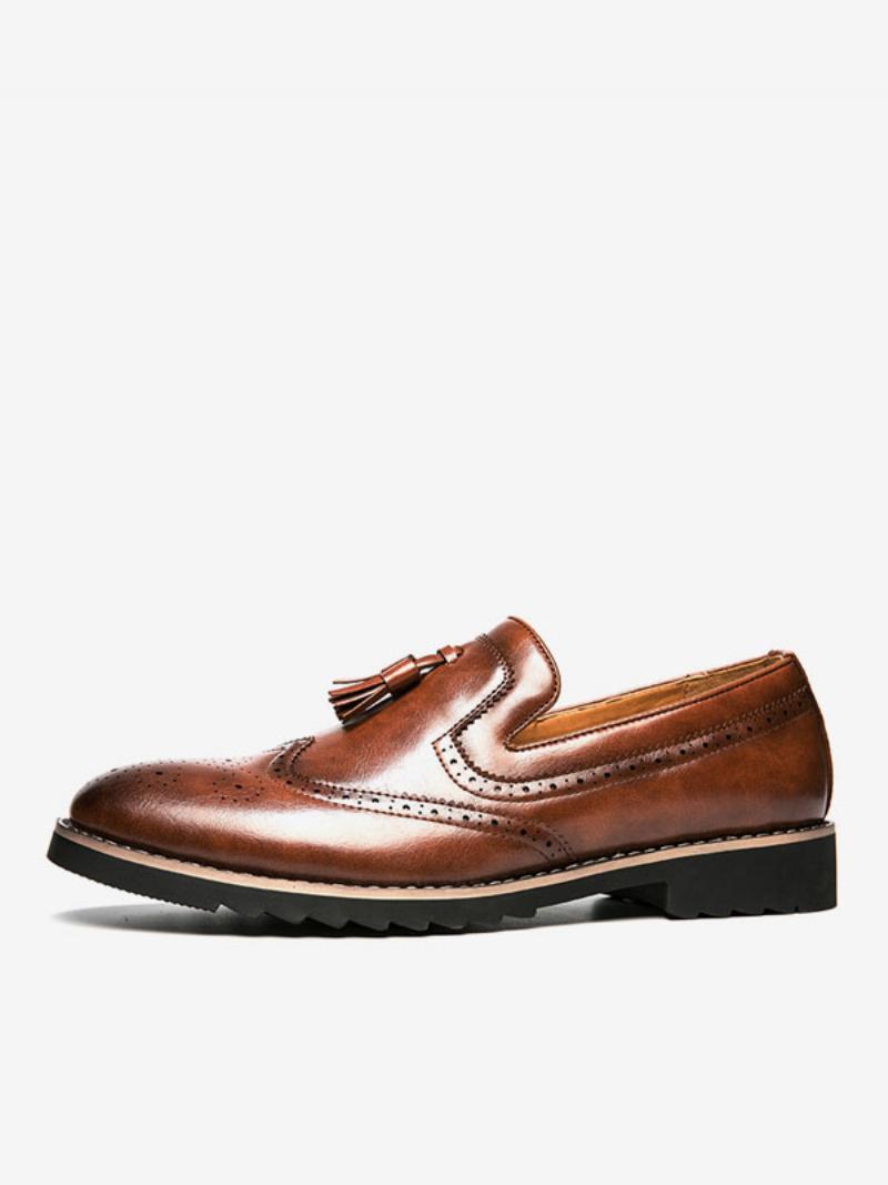 Férfi Loafer Cipők Slip-on Pom Poms Kerek Orrú Pu Bőr - Kávé Barna