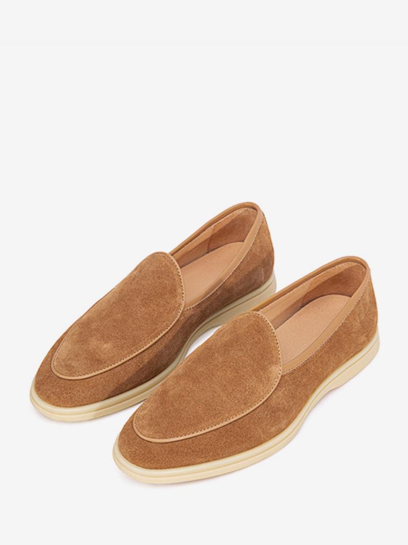 Férfi Loafer Slip-on Kerek Orrú Marhabőr Cipő - Kávébarna