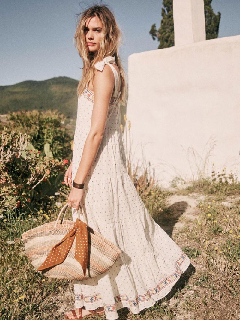 Boho Ruha Fehér Ujjatlan Bohém Cigány Tengerparti Vakáció Nyári Maxi Slip Shift Nőknek - Fehér