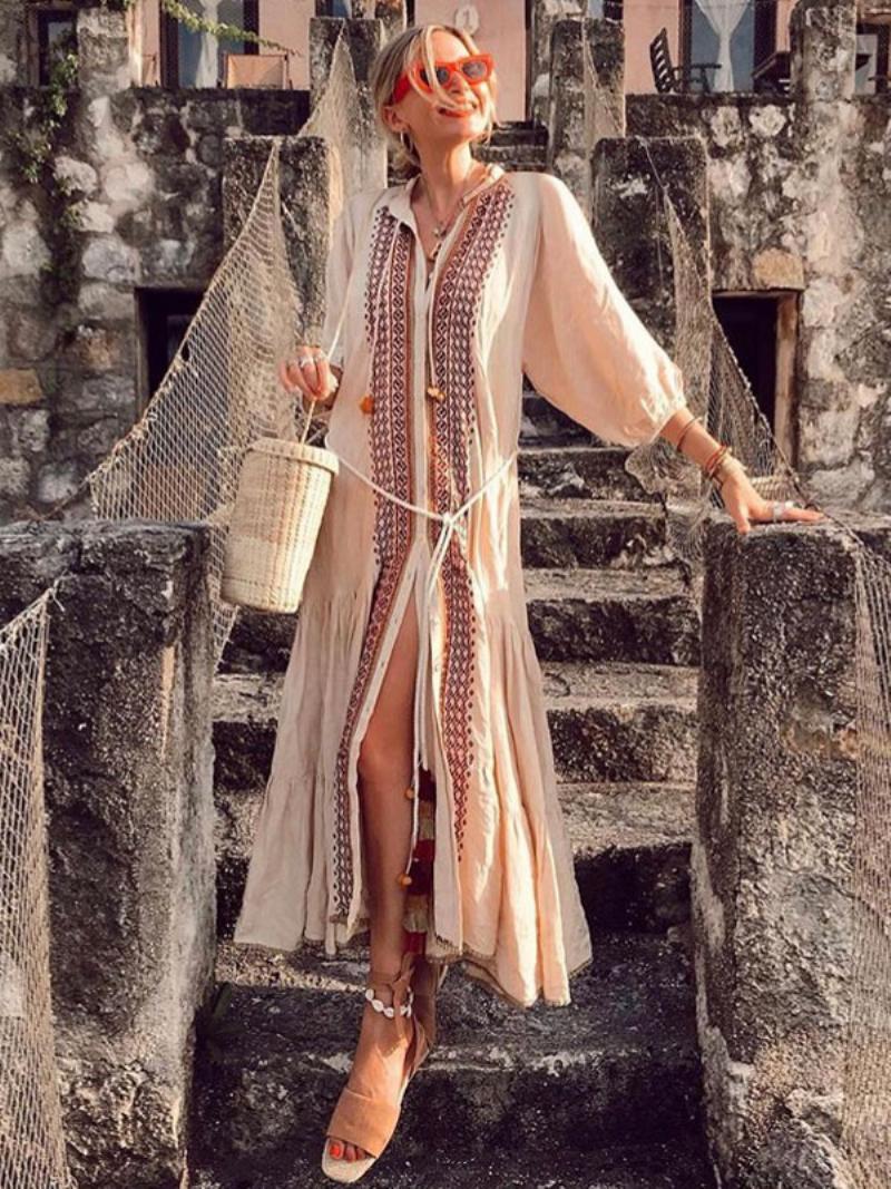 Boho Ruha V-nyakú 3/4 Hosszú Ujjú Világos Sárgabarack Hímzett Bohemian Gypsy Beach Vacation Tavaszi Nyári Midi Nőknek - Világos Világos Sárga