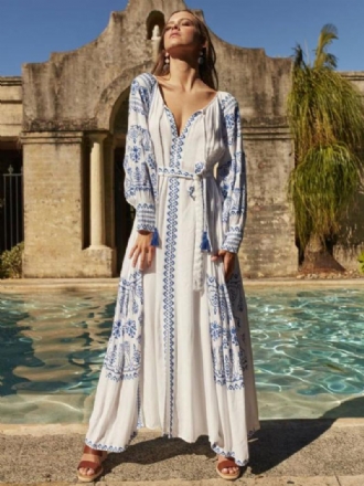 Boho Ruha V-nyakú Hosszú Ujjú Bohemian Gypsy Beach Vacation Fehér Tavaszi Nyári Öves Maxi Nőknek