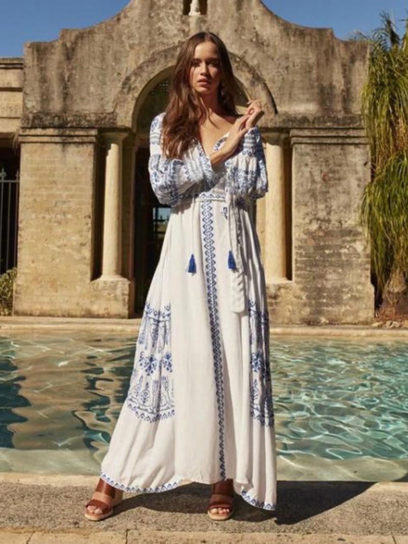 Boho Ruha V-nyakú Hosszú Ujjú Bohemian Gypsy Beach Vacation Fehér Tavaszi Nyári Öves Maxi Nőknek - Fehér