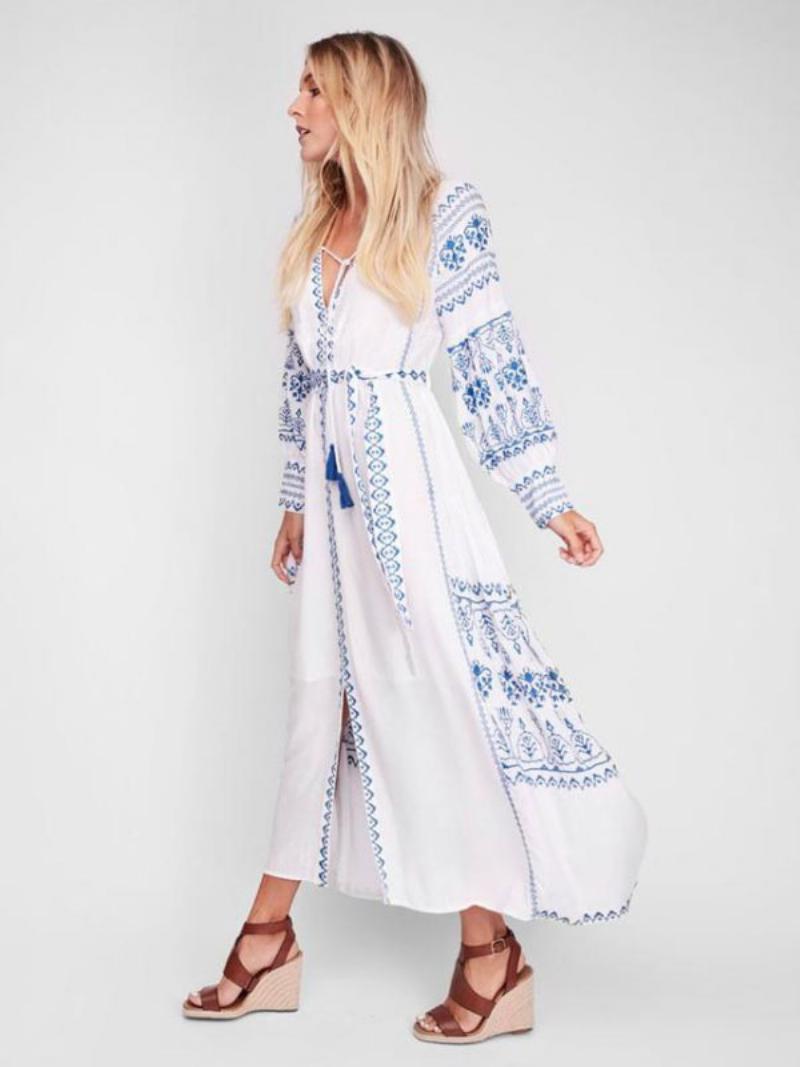 Boho Ruha V-nyakú Hosszú Ujjú Bohemian Gypsy Beach Vacation Fehér Tavaszi Nyári Öves Maxi Nőknek - Fehér