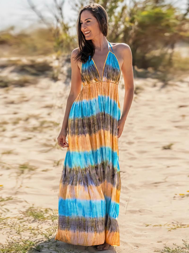 Női Boho Ruha Halter V-nyakú Nyitott Hátú Casual Resort Nyári Maxi Ruhák - Kék