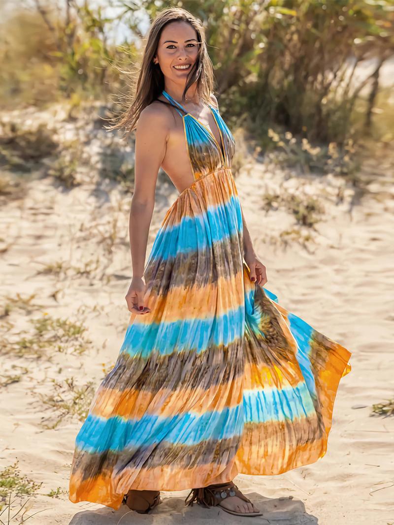 Női Boho Ruha Halter V-nyakú Nyitott Hátú Casual Resort Nyári Maxi Ruhák - Kék