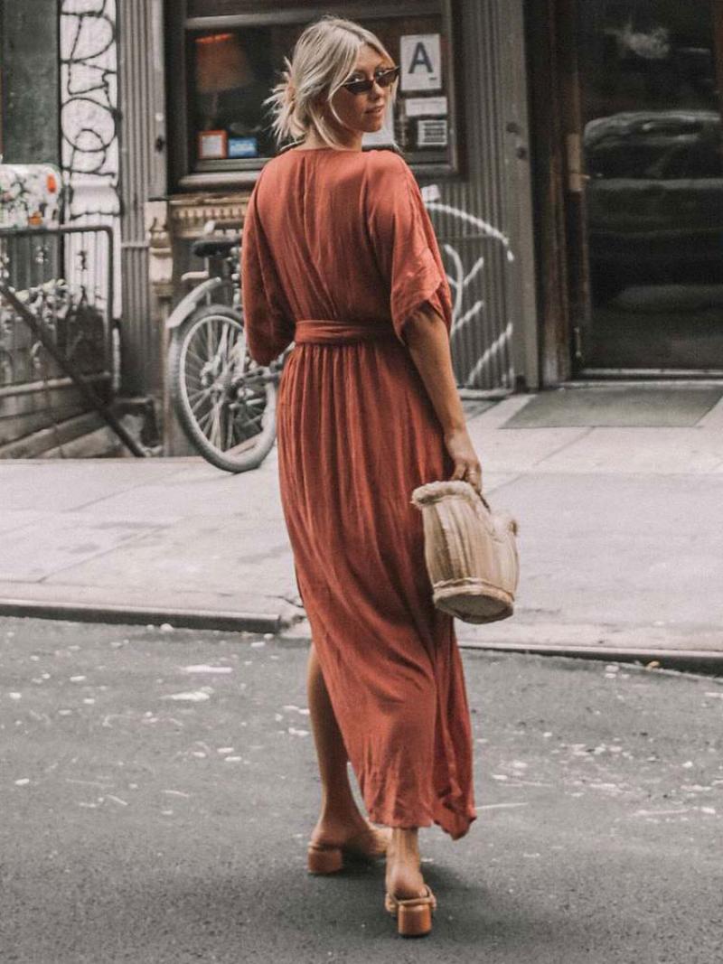 Női Boho Ruha Merülő Fél Ujjú Övvel Ellátott Nyári Strand Maxi Ruhák - Narancsvörös