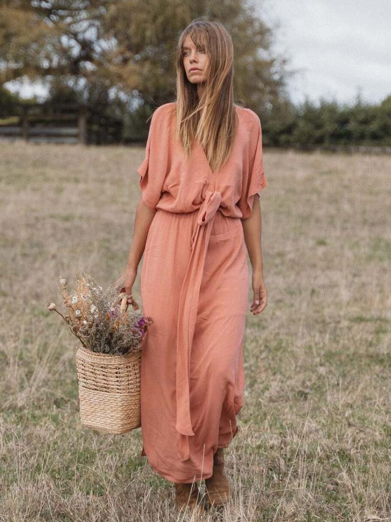 Női Boho Ruha Merülő Fél Ujjú Övvel Ellátott Nyári Strand Maxi Ruhák - Rózsaszín