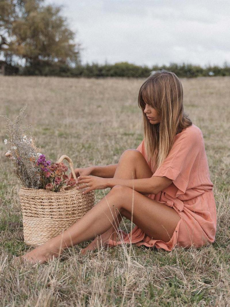 Női Boho Ruha Merülő Fél Ujjú Övvel Ellátott Nyári Strand Maxi Ruhák - Rózsaszín