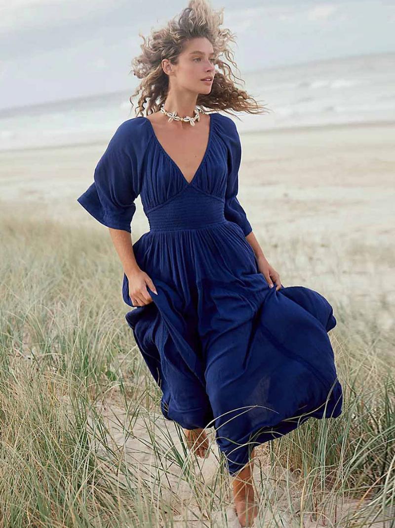 Női Boho Ruha Redőzött V-nyakú Háromnegyedes Ujjú Strand Maxi Ruhák