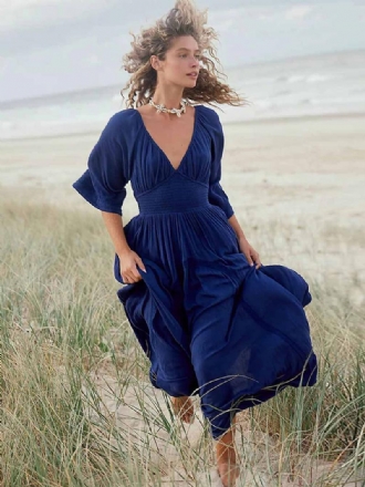 Női Boho Ruha Redőzött V-nyakú Háromnegyedes Ujjú Strand Maxi Ruhák