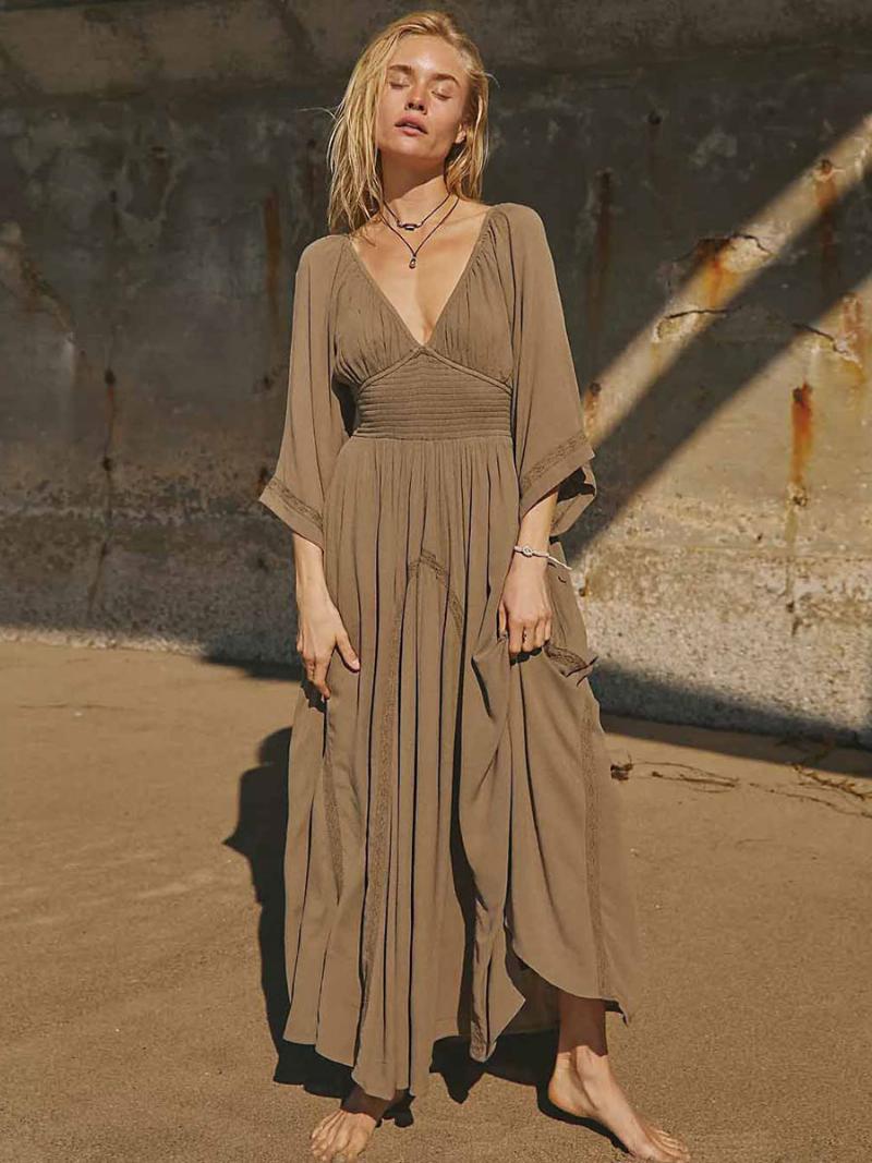 Női Boho Ruha Redőzött V-nyakú Háromnegyedes Ujjú Strand Maxi Ruhák - Kávébarna