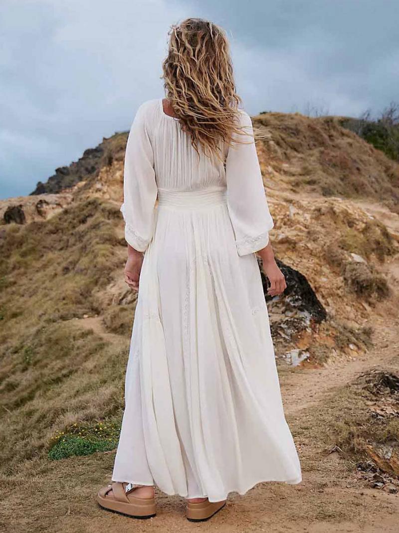 Női Boho Ruha Redőzött V-nyakú Háromnegyedes Ujjú Strand Maxi Ruhák - Fehér