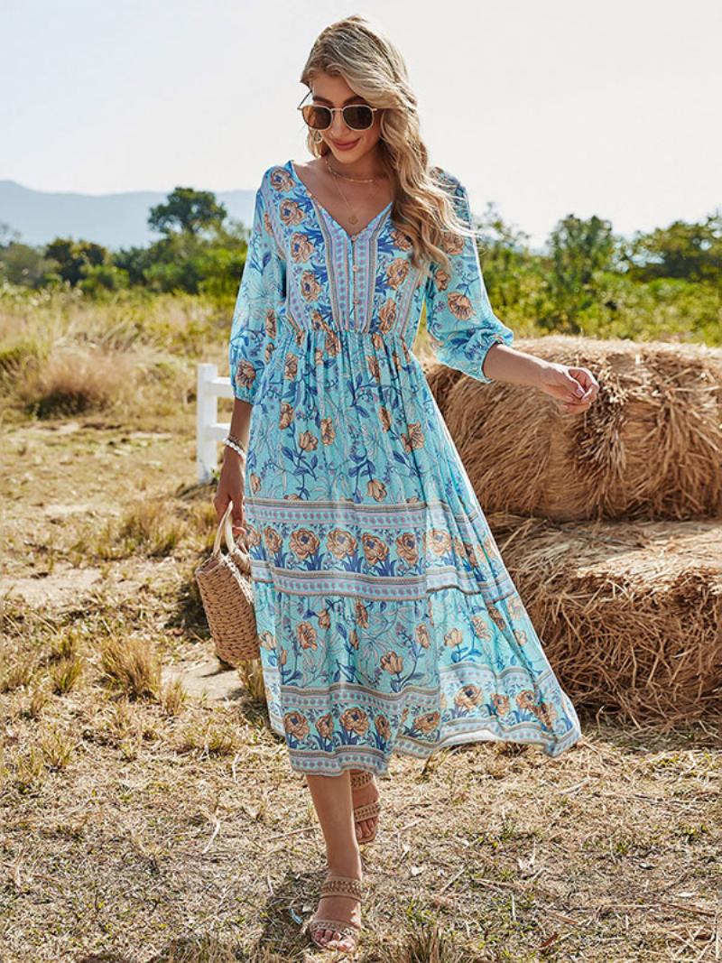 Női Boho Ruha V-nyakú Fél Ujjú Virágmintás Sztreccs Redőzött Maxi Strandruha