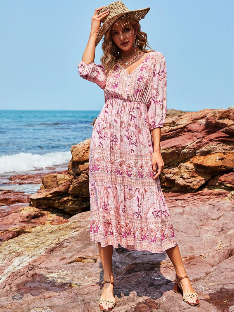 Női Boho Ruha V-nyakú Fél Ujjú Virágmintás Sztreccs Redőzött Maxi Strandruha - Rózsaszín