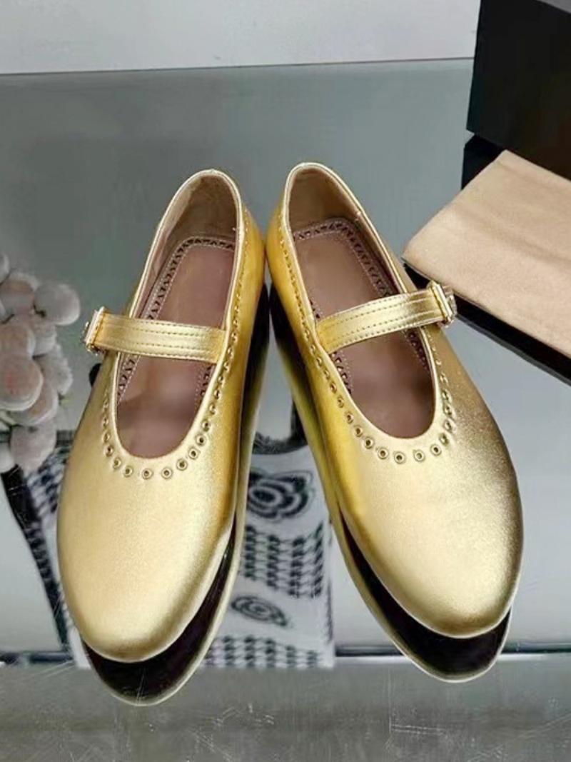 Női Balerina Lapos Ezüst Kerek Orrú Mary Jane Flats Cipő - Arany