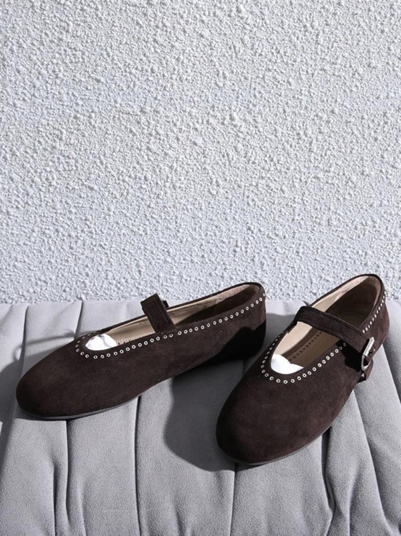 Női Balerina Lapos Ezüst Kerek Orrú Mary Jane Flats Cipő - Mélybarna