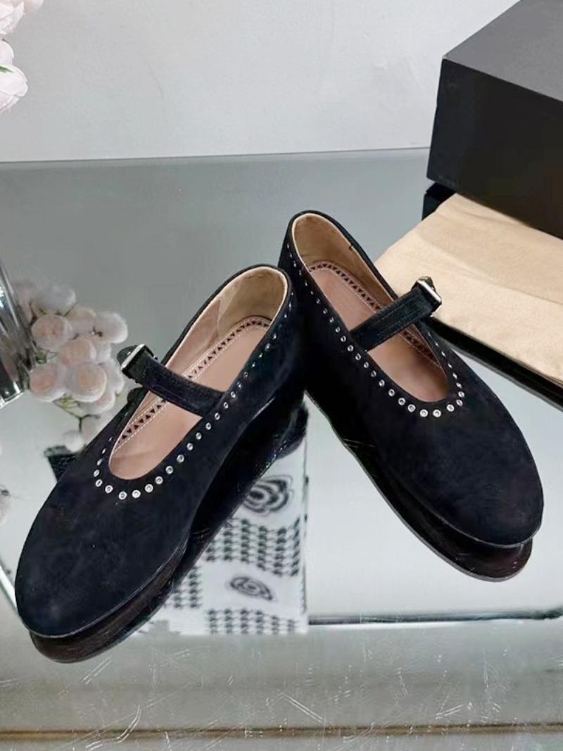 Női Balerina Lapos Ezüst Kerek Orrú Mary Jane Flats Cipő - Fekete