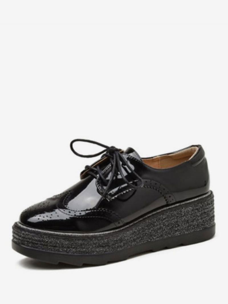 Női Fekete Fűzős Szárnyvégű Brogues Kerek Orrú Platform Oxfords - Fekete