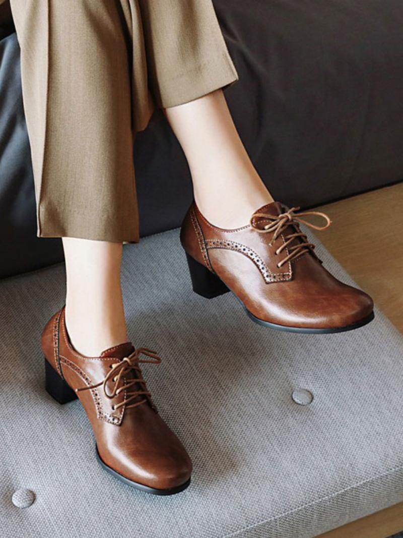 Női Lace Up Brogues Block Heel