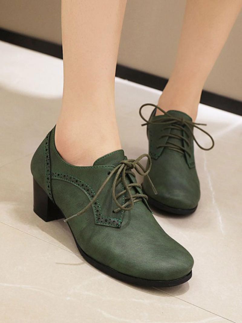 Női Lace Up Brogues Block Heel - Sötétzöld