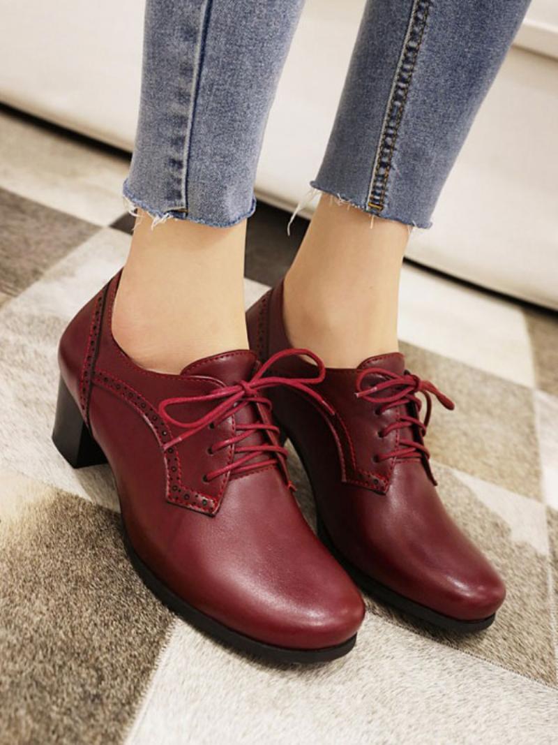 Női Lace Up Brogues Block Heel - Burgundi