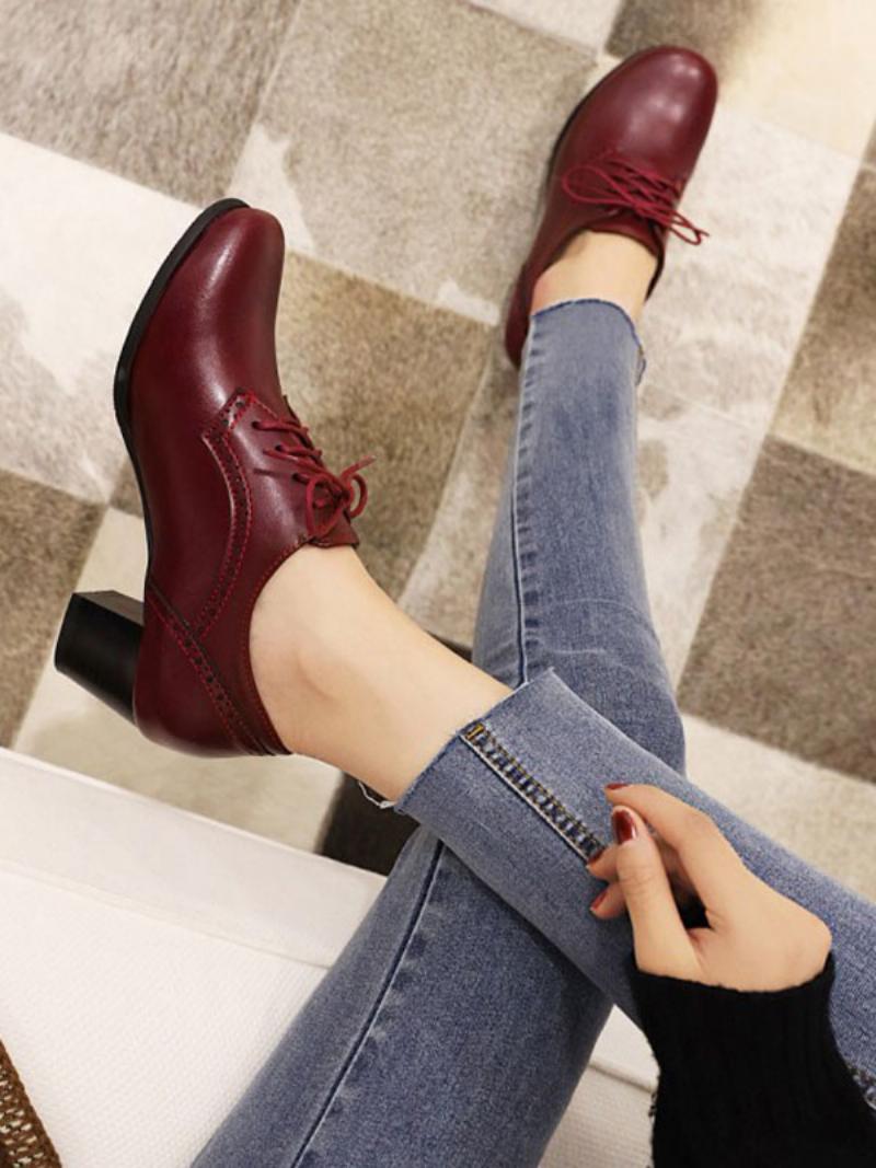 Női Lace Up Brogues Block Heel - Burgundi