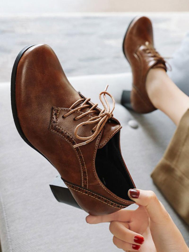 Női Lace Up Brogues Block Heel - Kávébarna