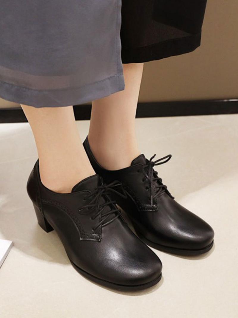 Női Lace Up Brogues Block Heel - Fekete