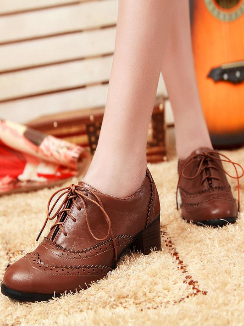 Női Lace Up Brogues Block Heel - Kávé Barna