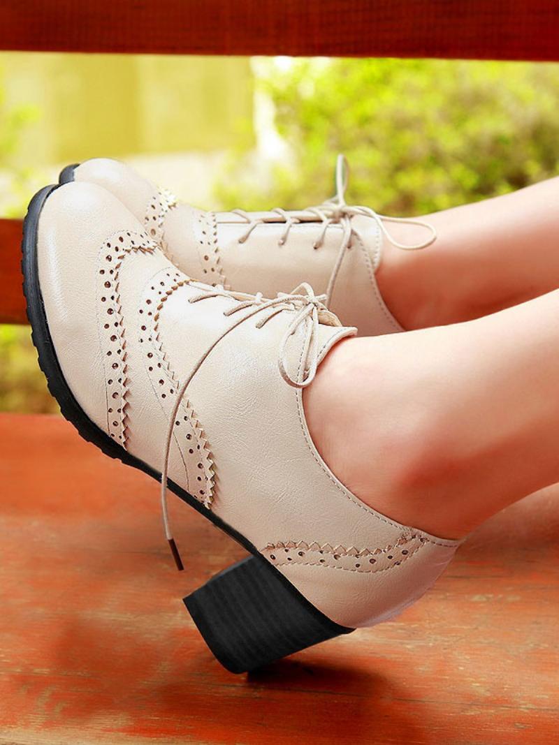 Női Lace Up Brogues Block Heel - Bézs