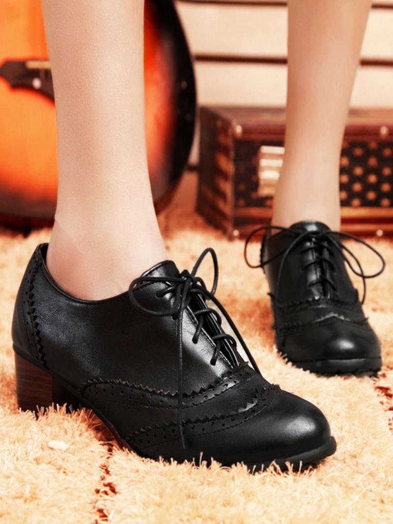 Női Lace Up Brogues Block Heel - Fekete