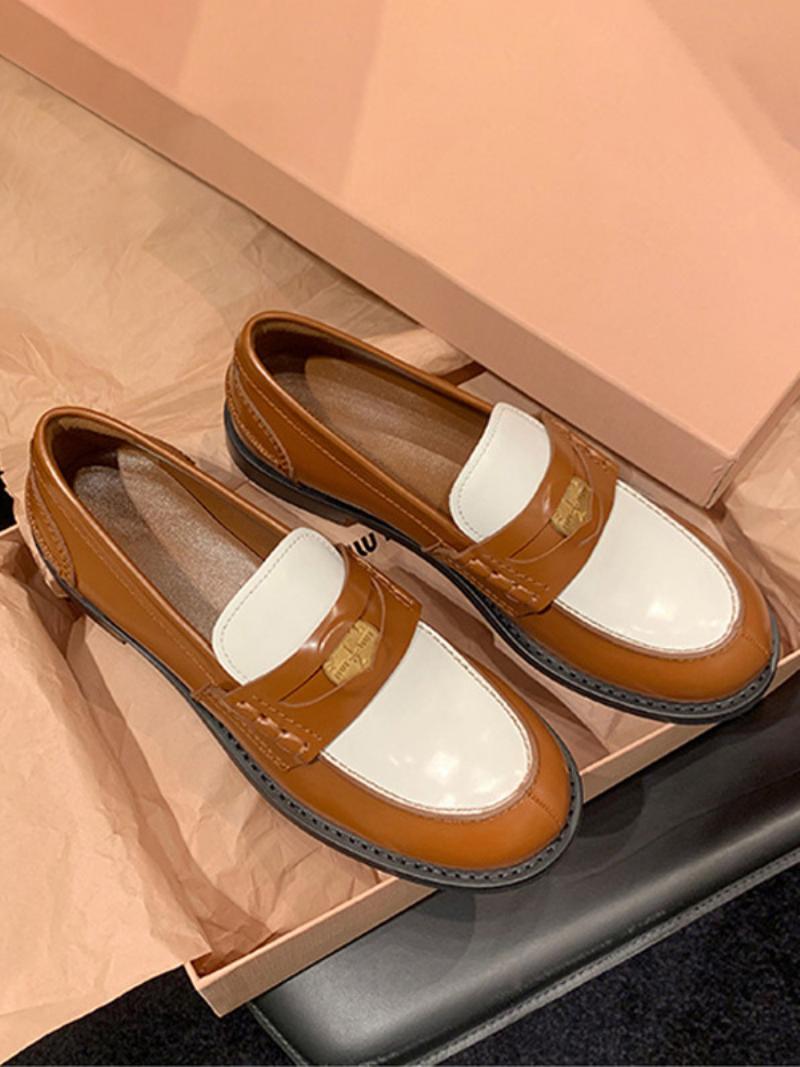 Női Penny Loafers Kerek Orrú Lapos Cipő - Kávé Barna