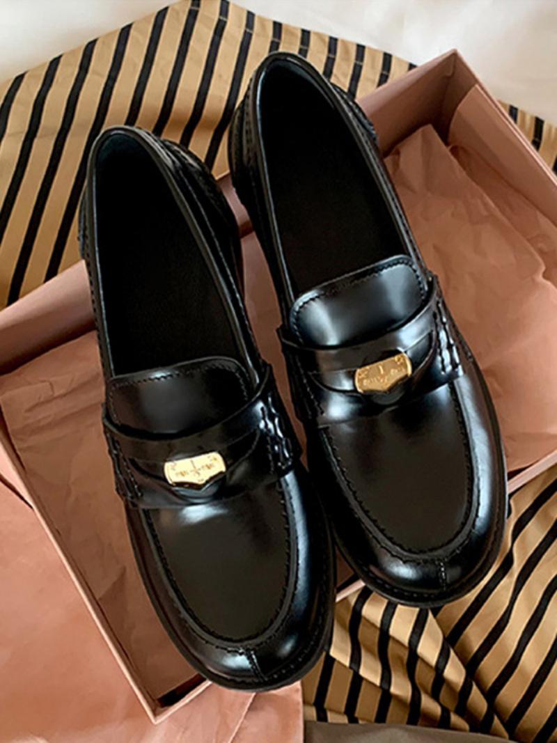 Női Penny Loafers Kerek Orrú Lapos Cipő - Fekete