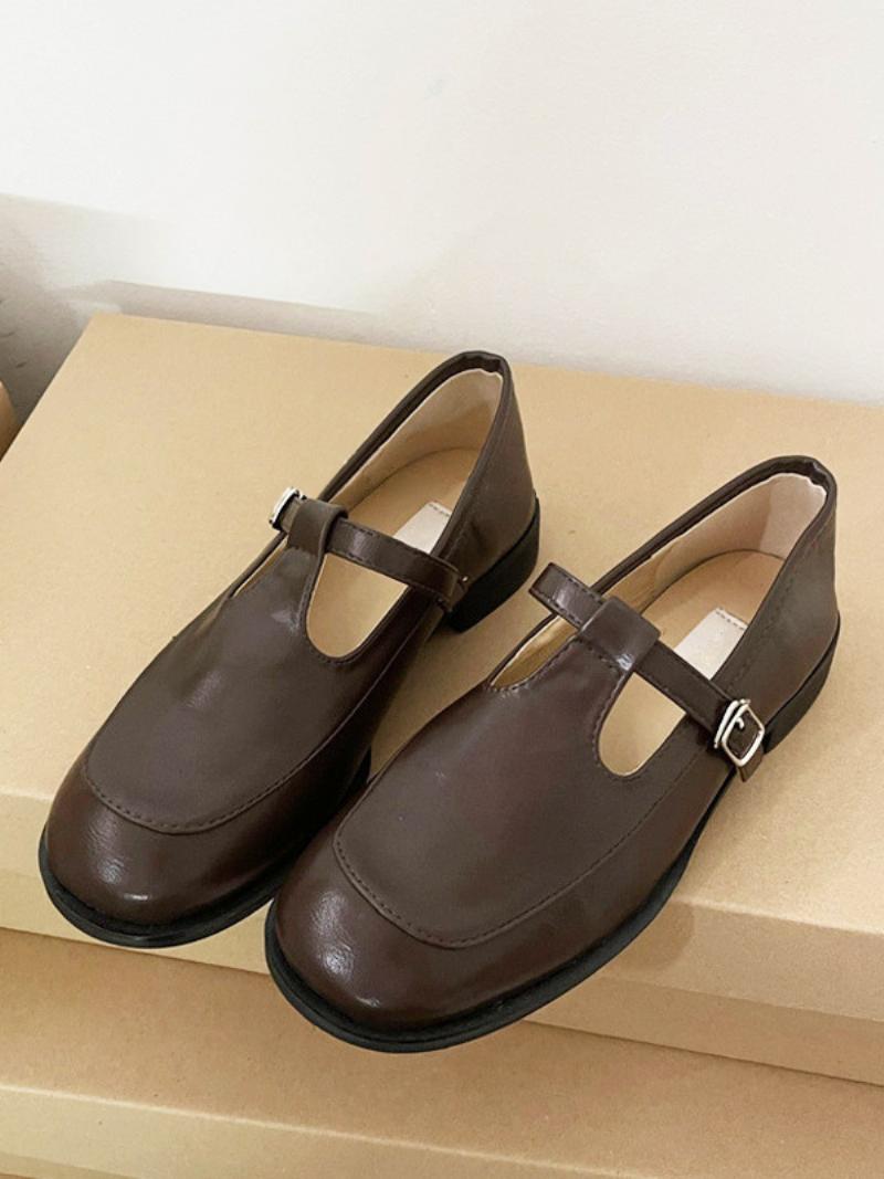 Női Vintage Naplopók Suqare Toe Buckle Puppy Heel Loafers - Kávé Barna