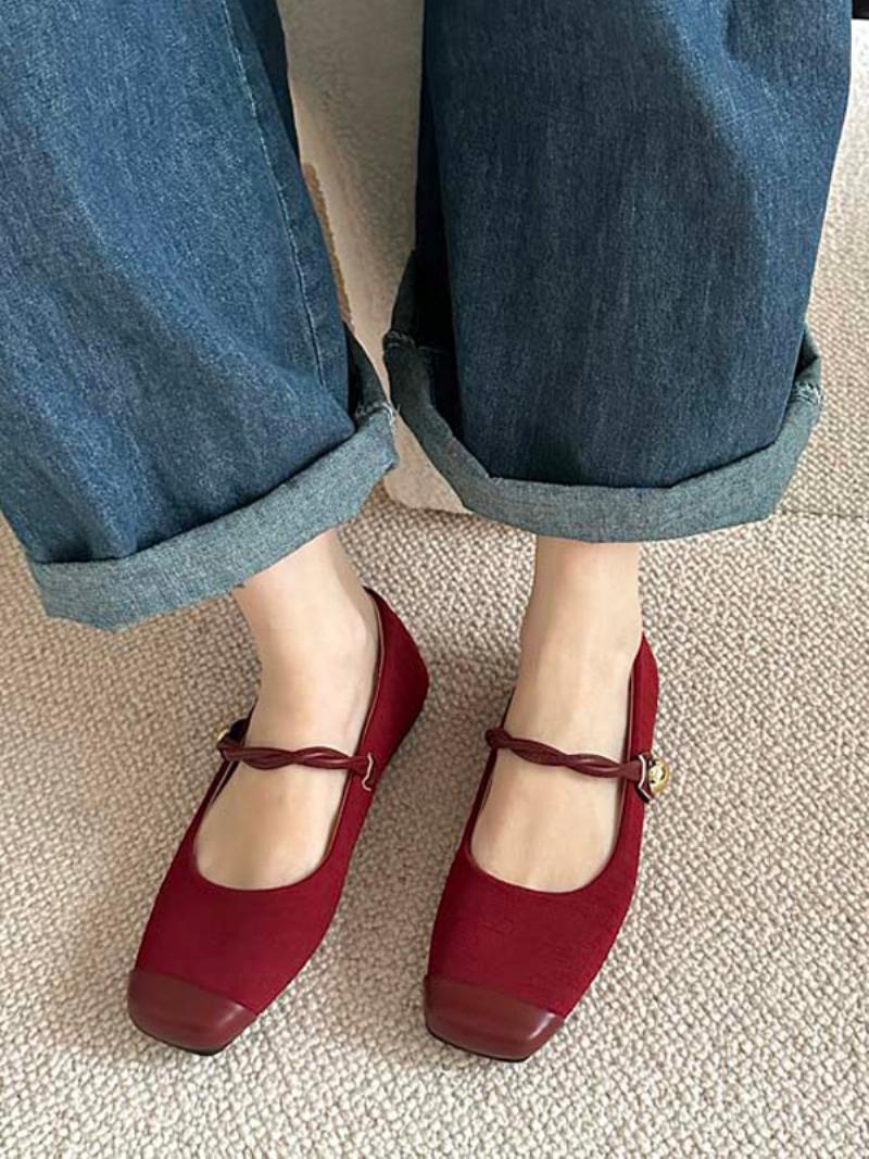 Red Ballet Flats Női Négyzet Orrú Vintage Lapos Cipő