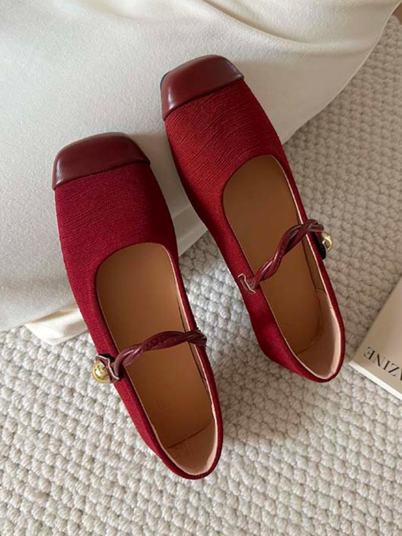 Red Ballet Flats Női Négyzet Orrú Vintage Lapos Cipő - Burgundi