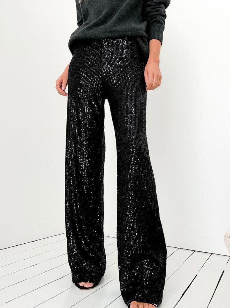 Sparkle Pants Magas Derekú Széles Szárú Flitterekkel Elegáns Női Nadrág - Fekete