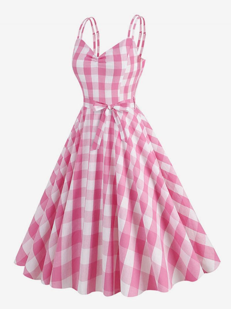 Női Barbie Gingham Ruha Az 1950-es Évekből Audrey Hepburn Ujjatlan Vintage - Rózsaszín