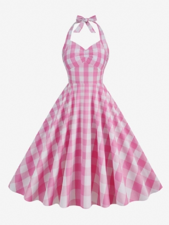 Női Barbie Pink Gingham 1950-es Évek Kockás Rakott Kötőfékű Vintage Ruha