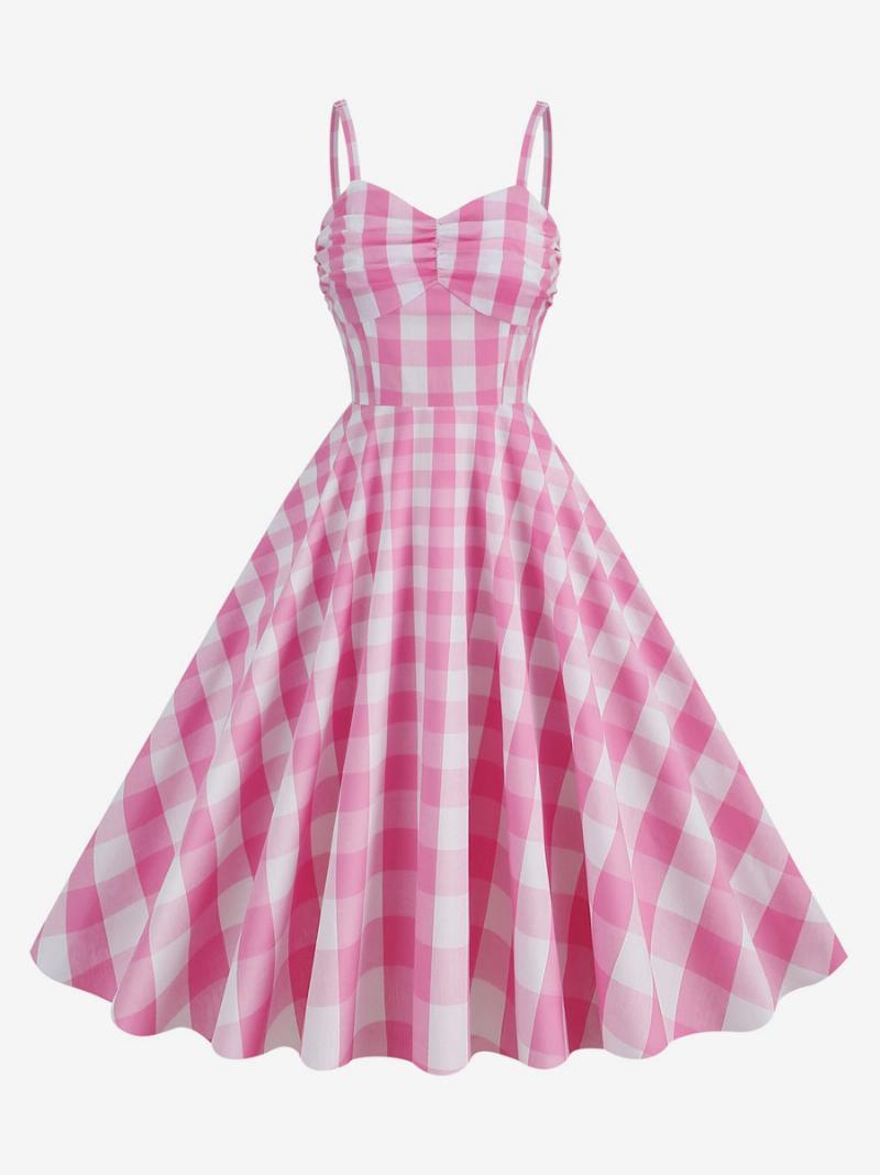 Női Barbie Pink Gingham Ruha 1950-es Évek Redős Pántos Kockás Vintage