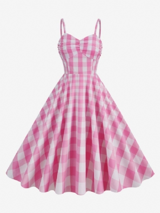 Női Barbie Pink Gingham Ruha 1950-es Évek Redős Pántos Kockás Vintage