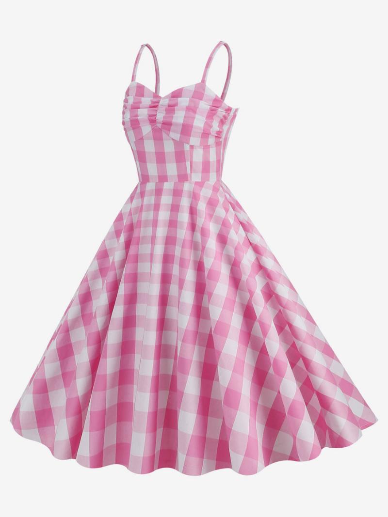 Női Barbie Pink Gingham Ruha 1950-es Évek Redős Pántos Kockás Vintage - Rózsaszín