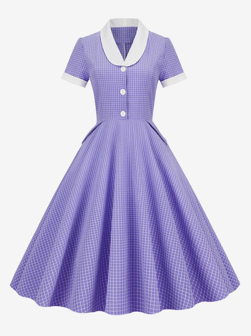 Női Barbie Pink Gingham Ruha Az 1950-es Évekből Audrey Hepburn Stílusú Rövid Ujjú Vintage - Lila