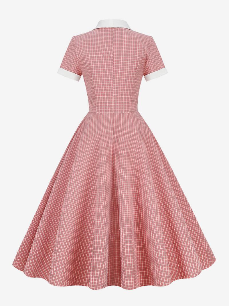 Női Barbie Pink Gingham Ruha Az 1950-es Évekből Audrey Hepburn Stílusú Rövid Ujjú Vintage - Rózsaszín