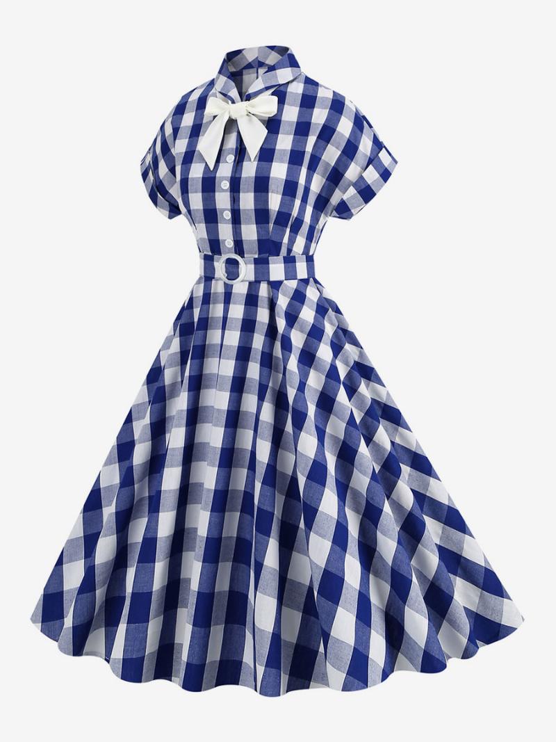 Női Barbie Pink Gingham Ruha Az 1950-es Évekből Rövid Ujjú Kockás Vintage - Mélykék