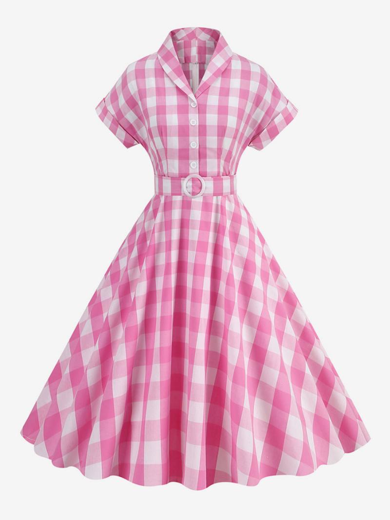 Női Barbie Pink Gingham Ruha Az 1950-es Évekből Rövid Ujjú Kockás Vintage - Rózsaszín