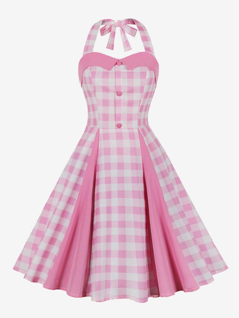 Női Barbie Pink Gingham Szüreti Ruha 1950-es Évekből Készült Midi Kötőfék