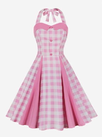 Női Barbie Pink Gingham Szüreti Ruha 1950-es Évekből Készült Midi Kötőfék