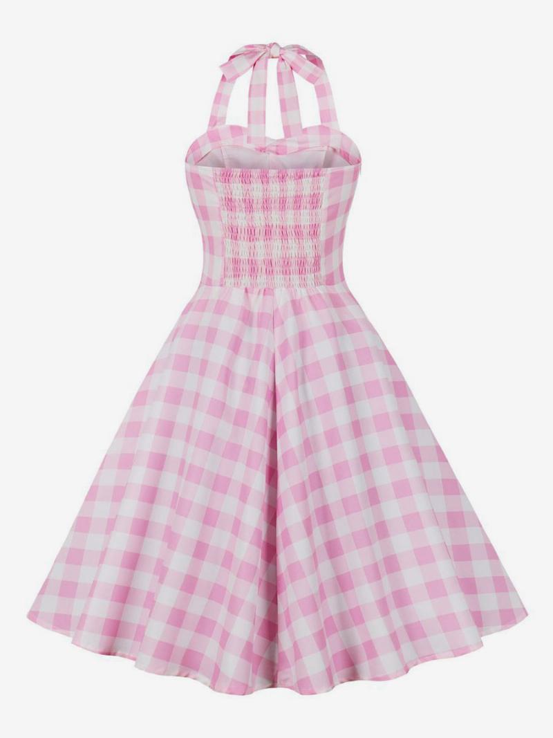 Női Barbie Pink Gingham Szüreti Ruha 1950-es Évekből Készült Midi Kötőfék - Rózsaszín